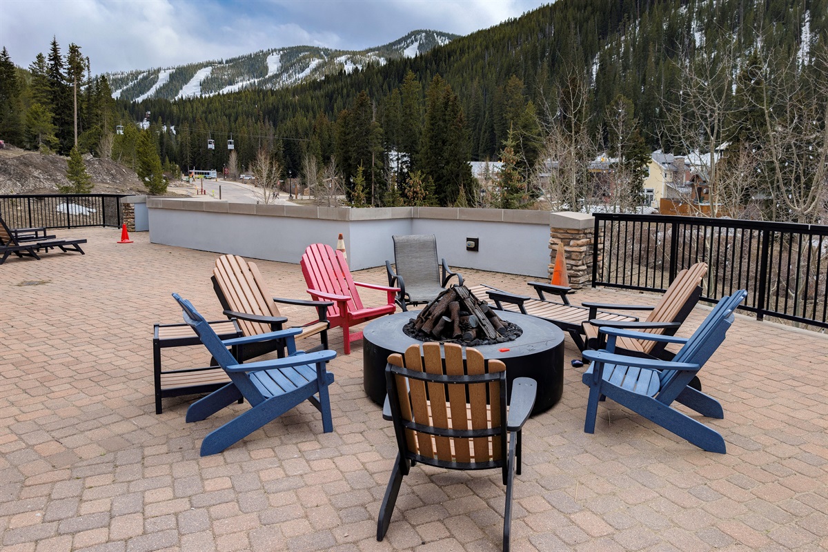 firepit on amenity deck has a wide view of Mary Jane and Winter Park slopes