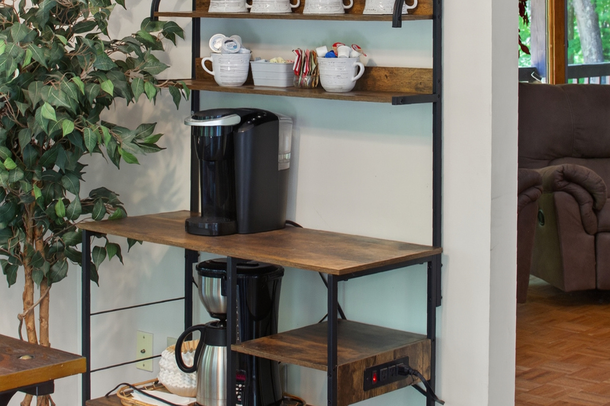Coffee Corner: Savor your morning brew surrounded by charming decor and cozy greenery!