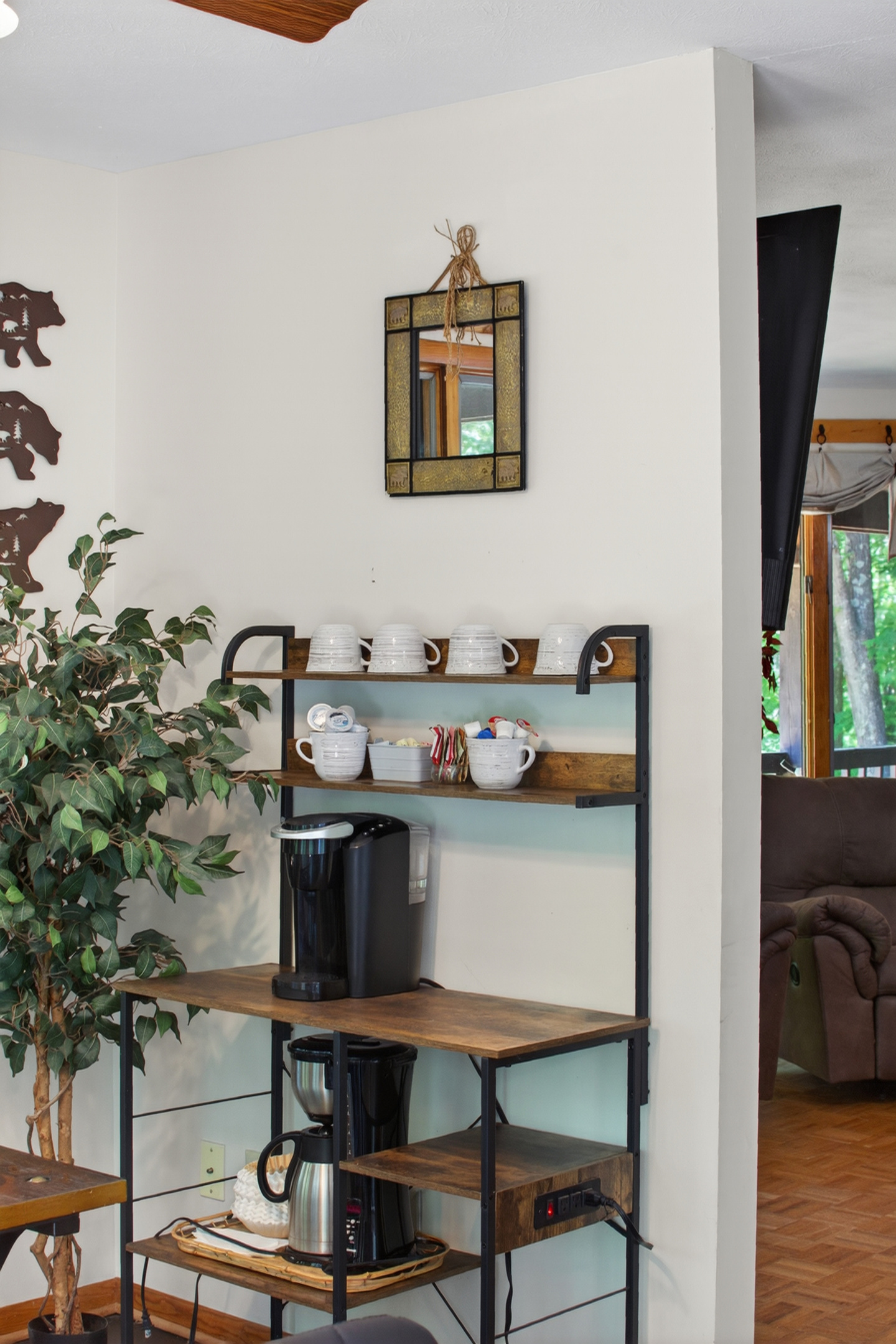 Coffee Corner: Savor your morning brew surrounded by charming decor and cozy greenery!