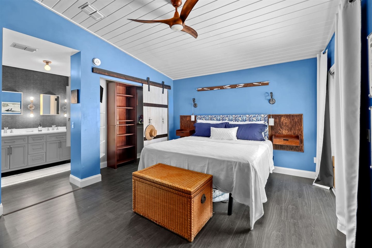 The primary bedroom has plenty of storage and an ensuite bathroom