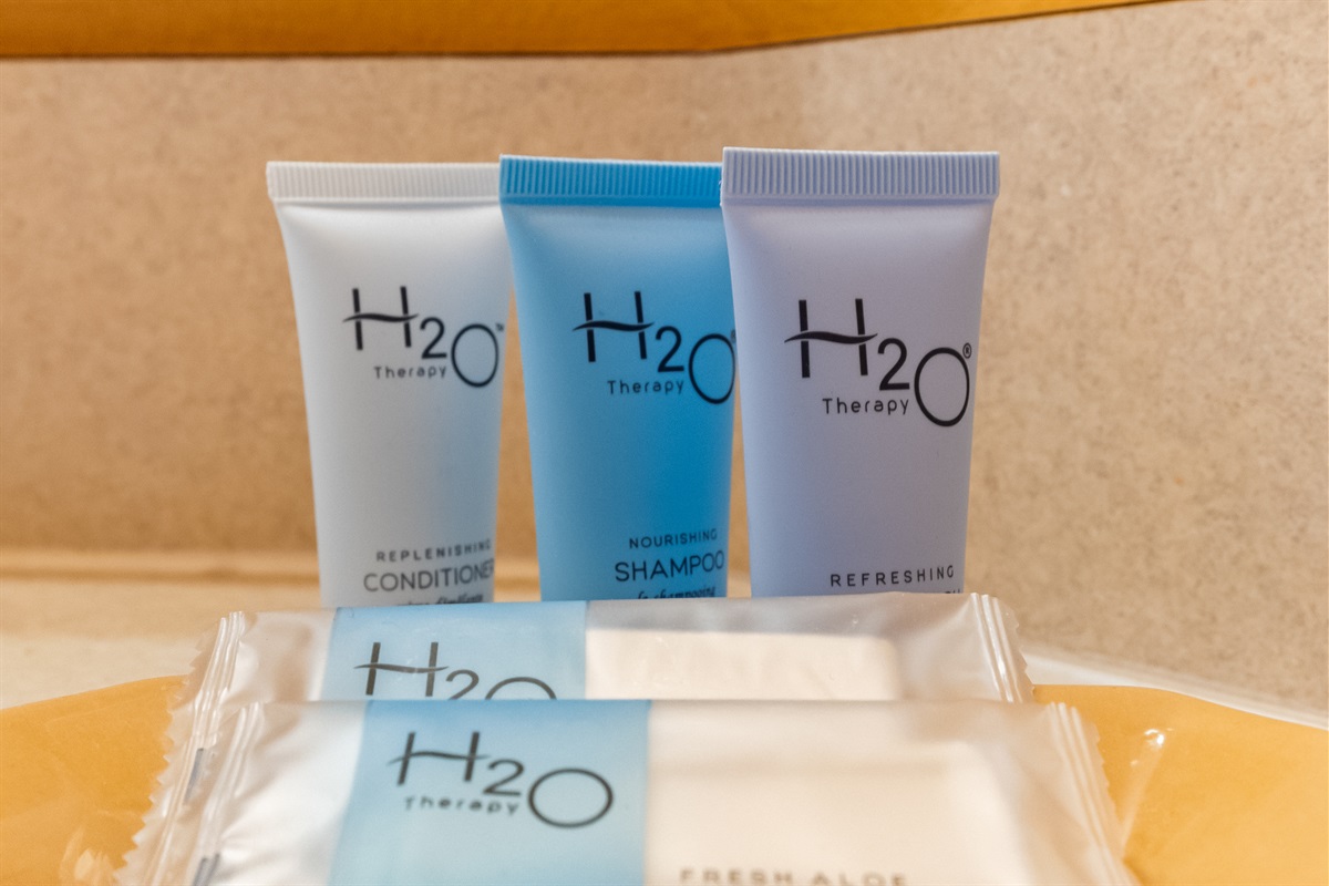 Hotel style bath products are provided in every bathroom.