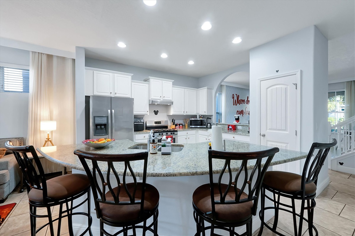 The kitchen bar is a great place for a quick bite or an afternoon beverage.