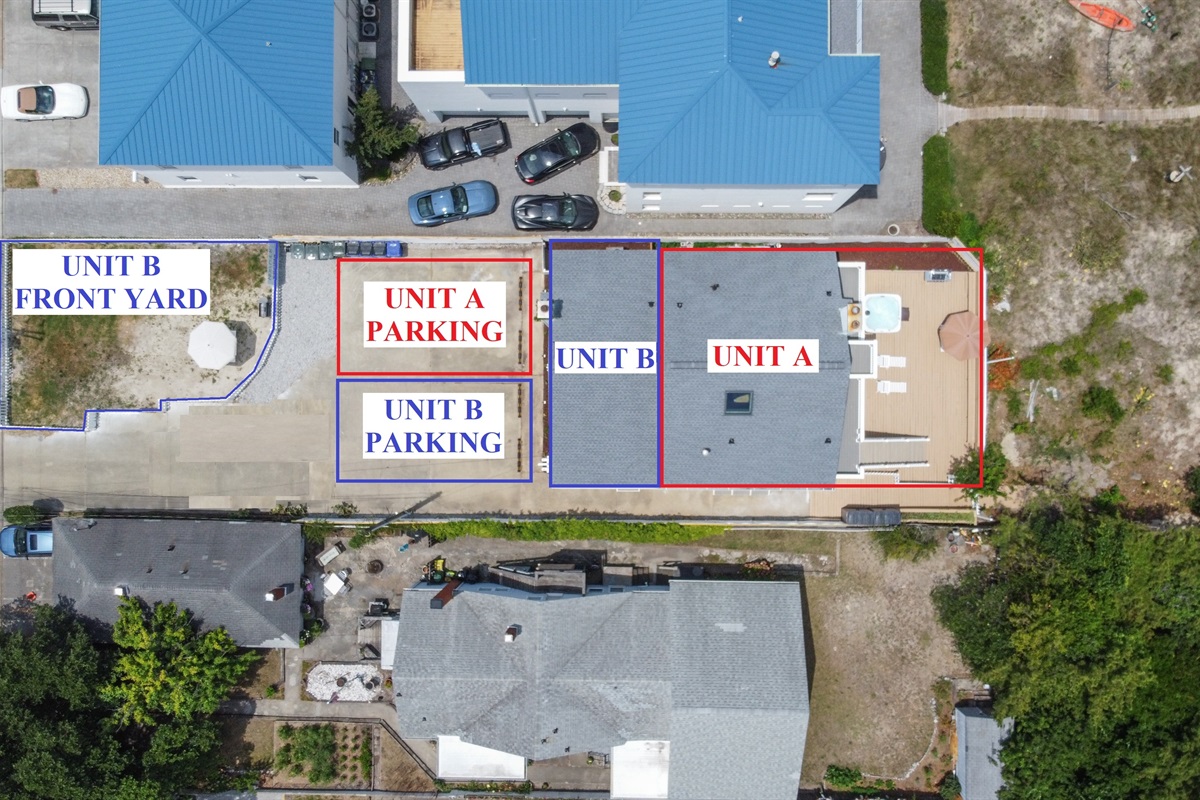Overhead view showing how the property is split between both units, including parking areas. THIS LISTING IS FOR UNIT B.