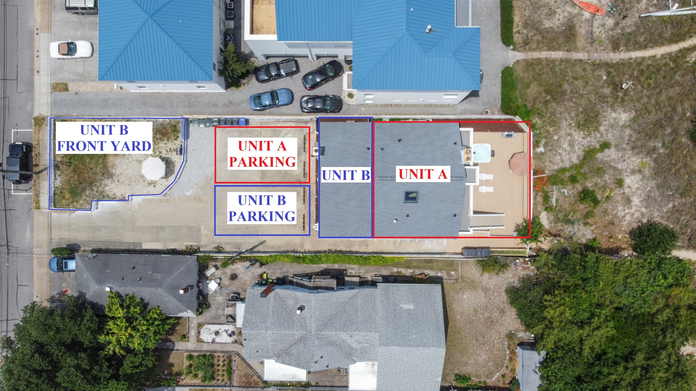 Overhead view showing how the property is split between both units, including parking areas. THIS LISTING IS FOR UNIT B.