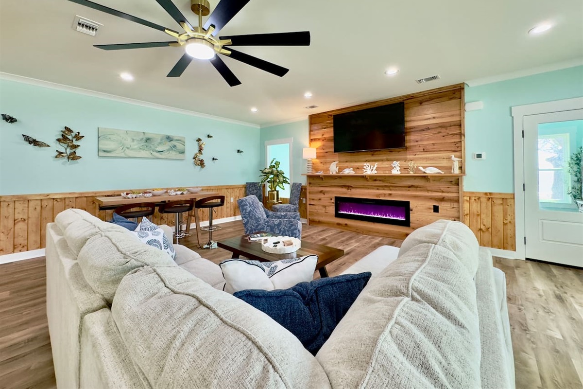Our bright lounge offers comfort, charm, and a glowing fire.
