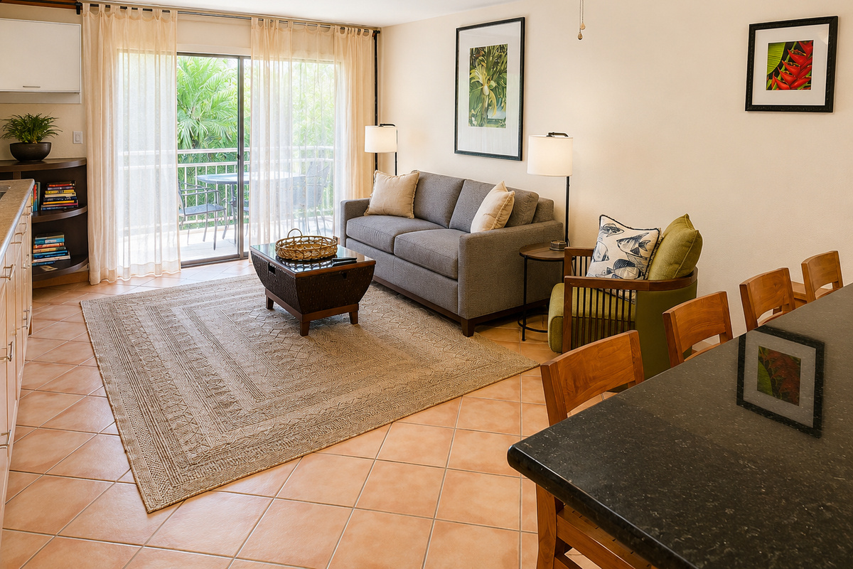 Comfy living room with a tropical nirvana right outside!