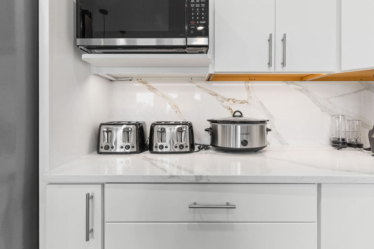Leave the details to us! Zen's kitchen is fully stocked with pots/pans, cooking utensils, spices, baking sheets/pans, cutting boards, a crockpot, blender, coffee makers, and more! Dinnerware, glassware, & utensils provided for up to 40 guests. 