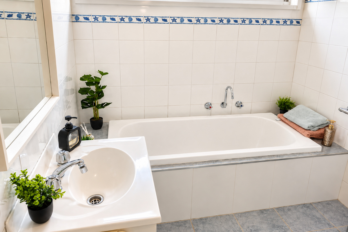 The bathroom at Carlenes Getaway offers a comfortable space to refresh and unwind, with a bathtub, vanity and natural light from the window above.