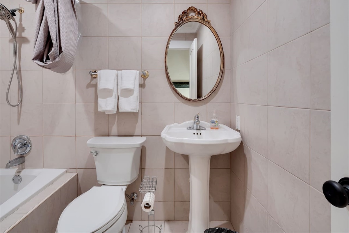 Upstairs bathroom, shower/tub