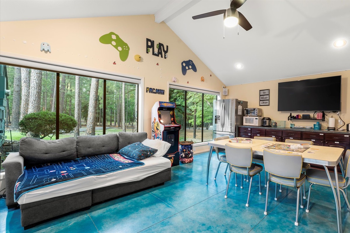 The couch in the Bonus Room easily converts into a comfortable bed, perfect for extra guests or a cozy movie-night sleepover!