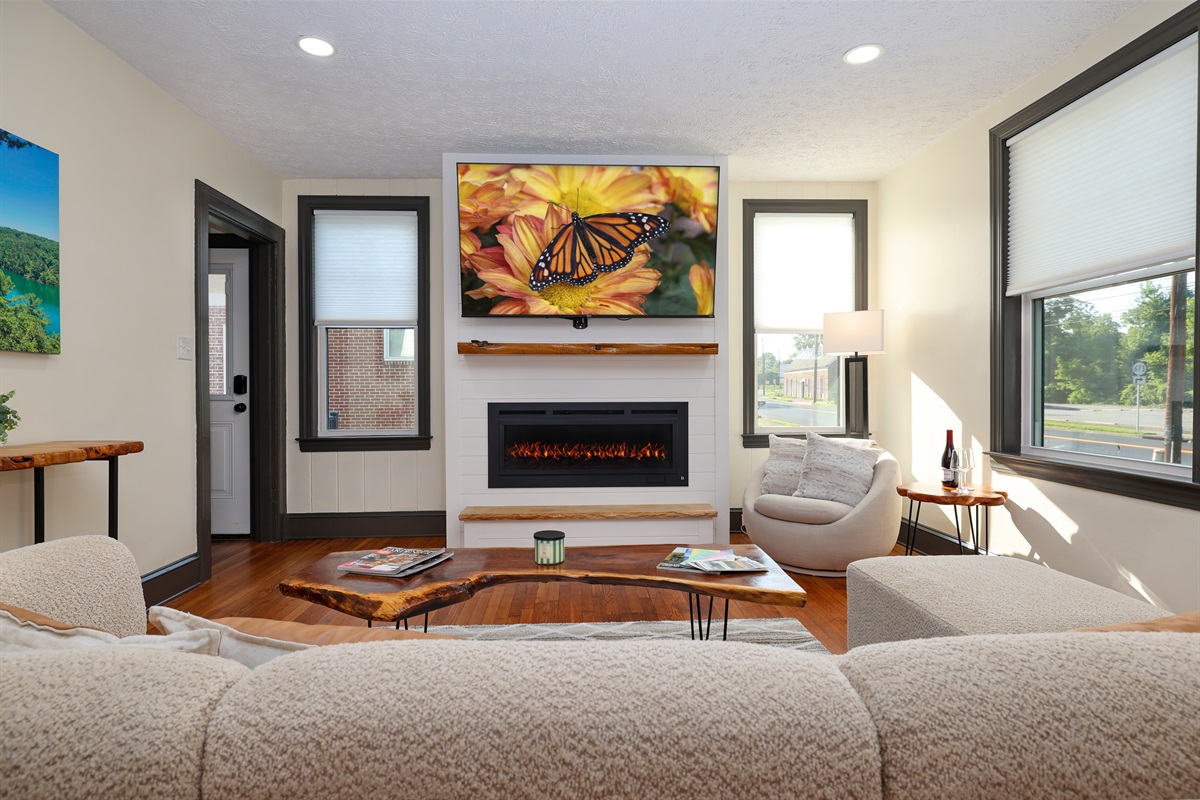 Living Room-Roku Tv and electric fireplace