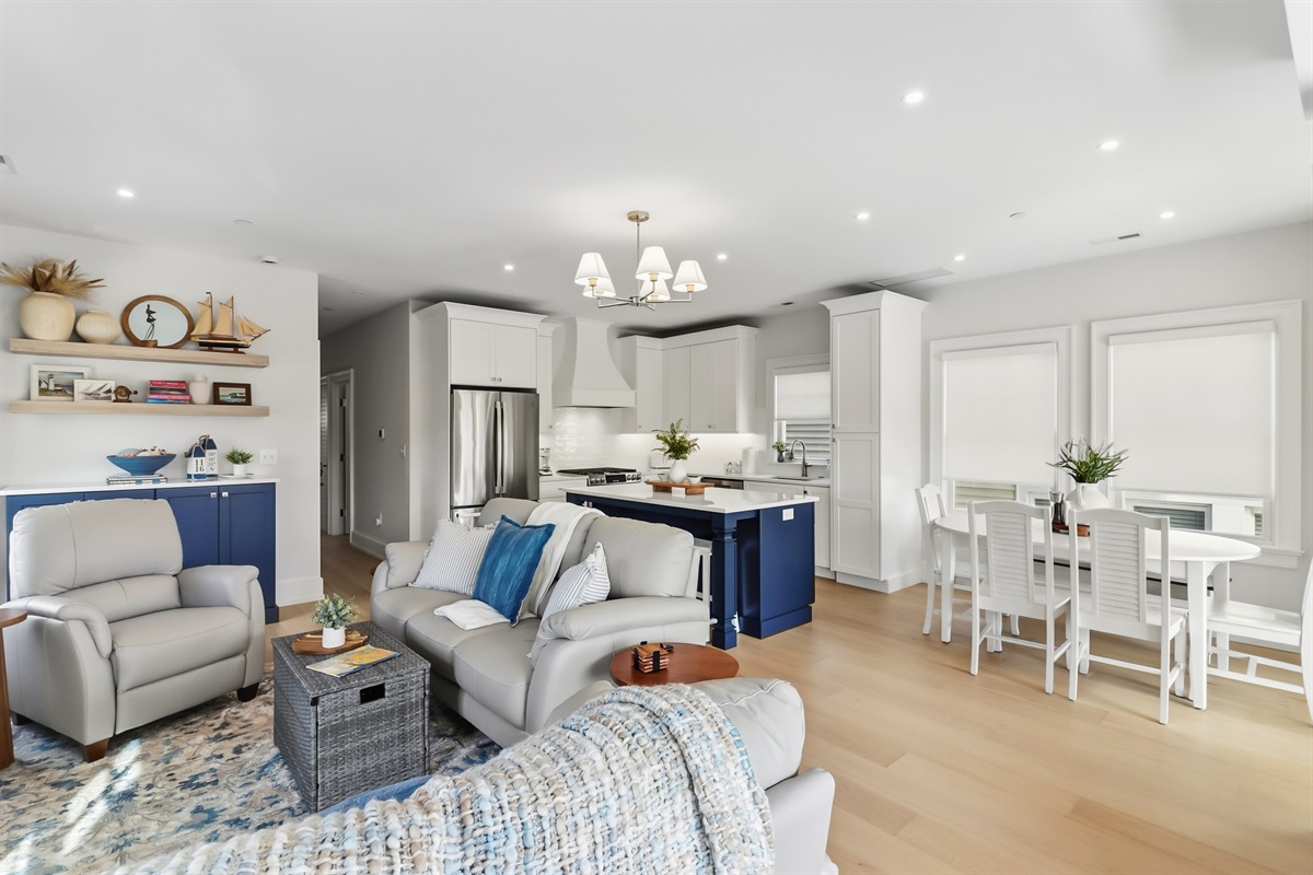 View of the living room area and kitchen