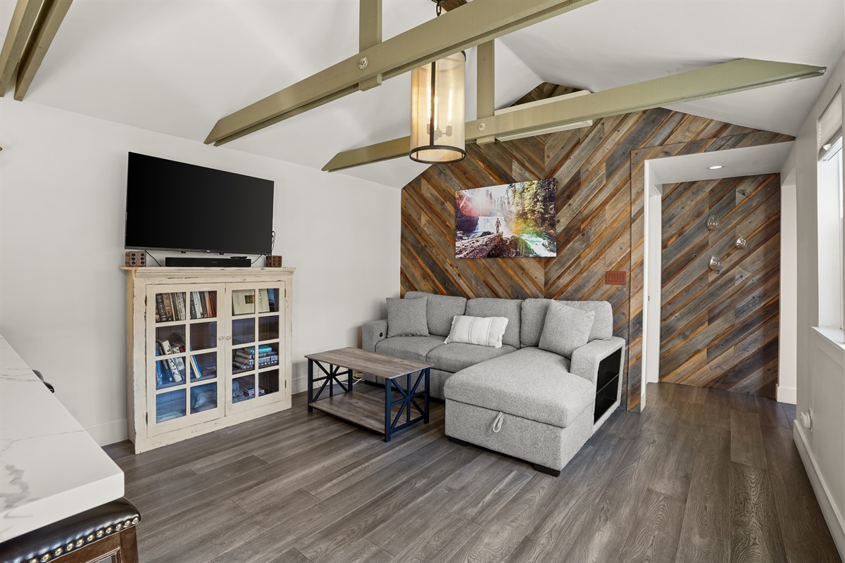 Living room with smart TV and sleeper couch