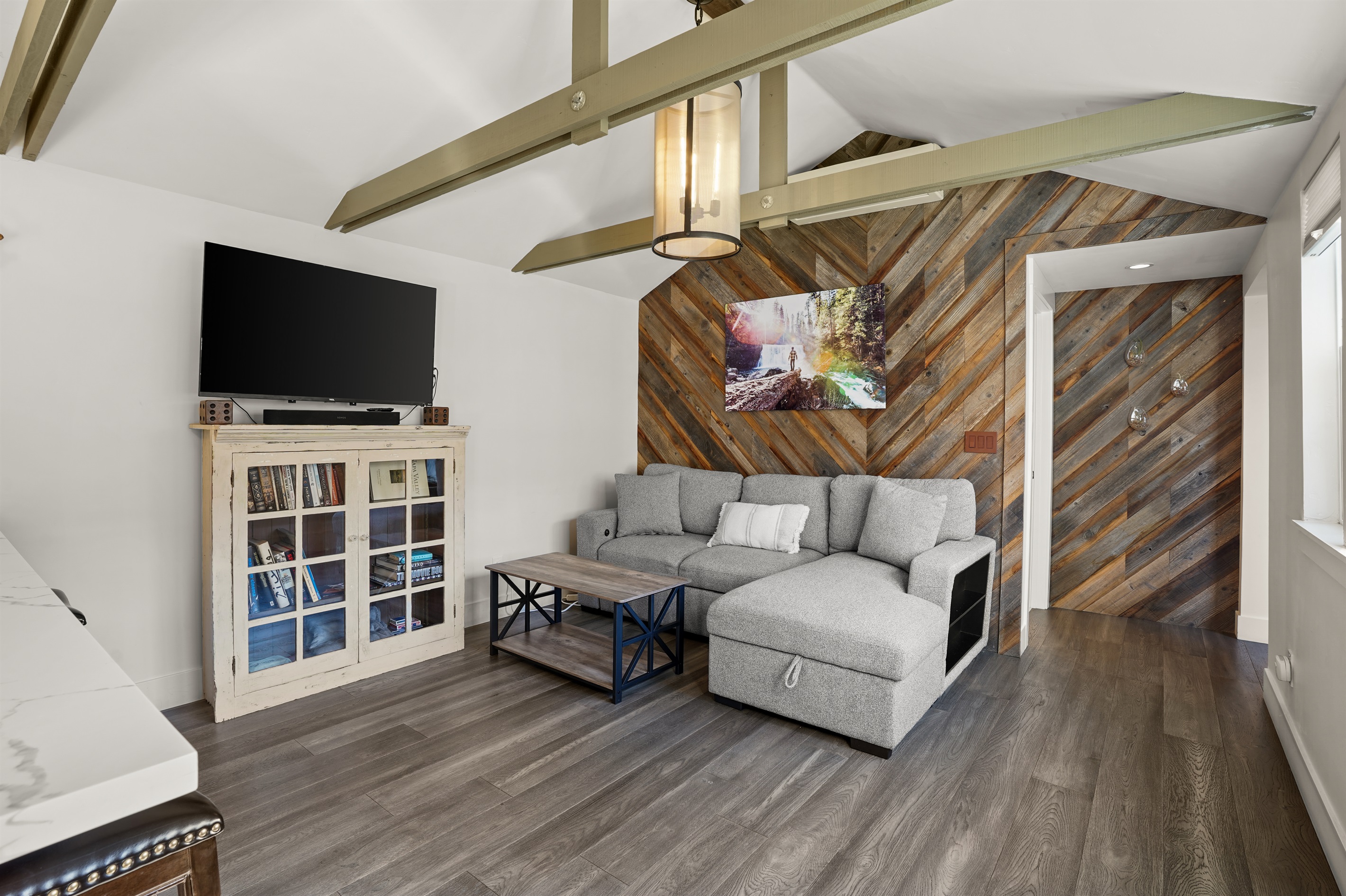 Living room with smart TV and sleeper couch