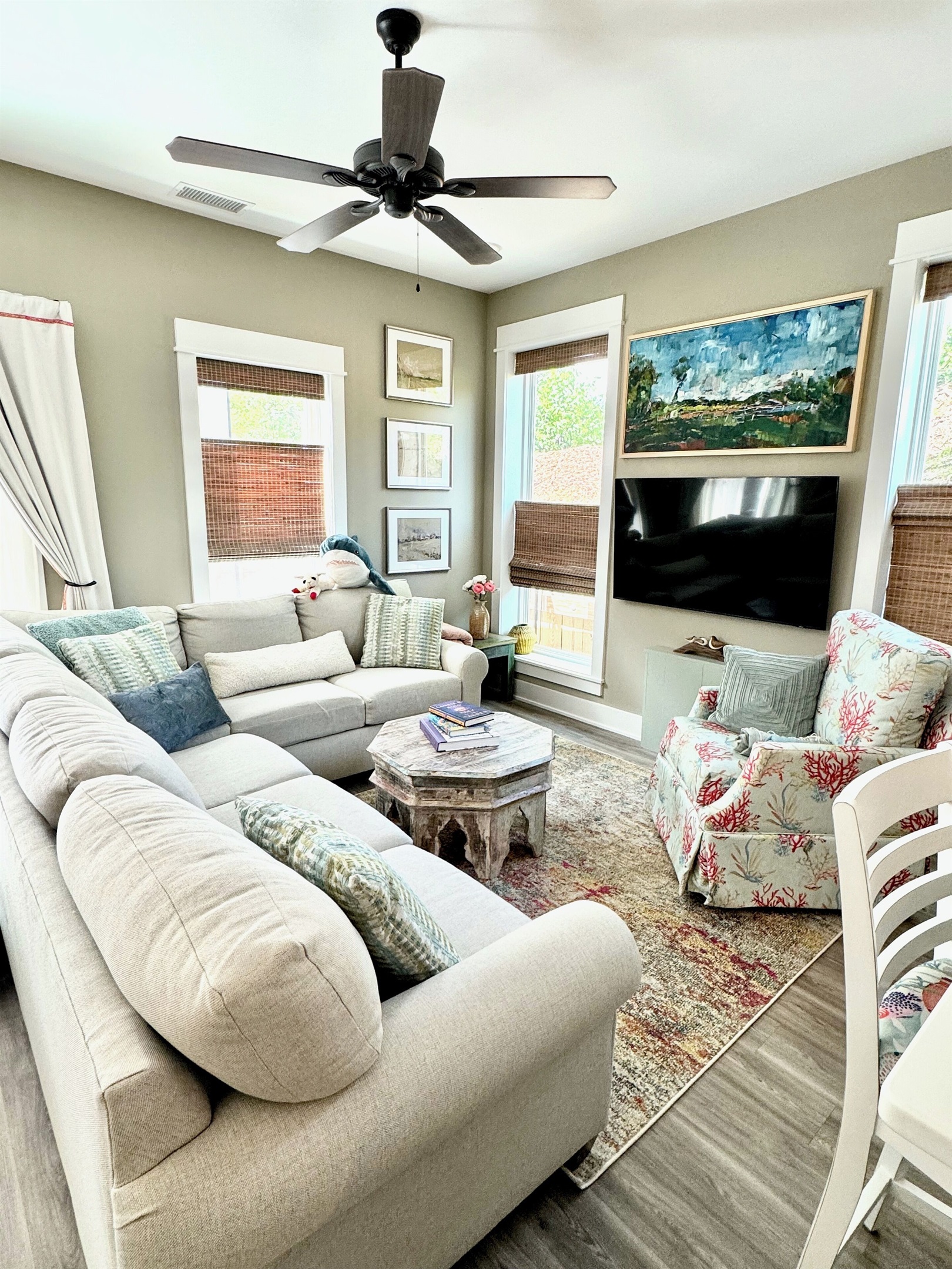 Mounted TVs in living space and all 3 bedrooms