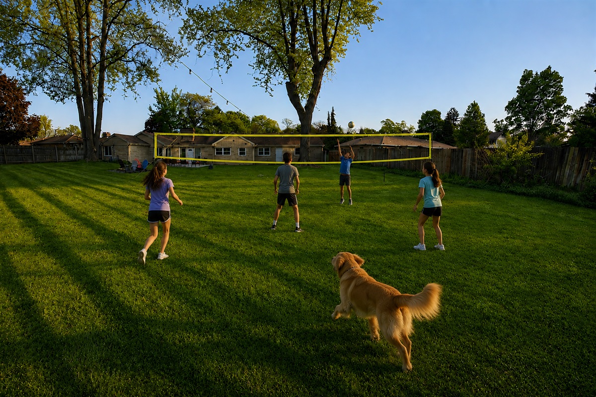 Our huge fenced backyard is so fun for the kids and pups! There is a volleyball net set up ready for play.