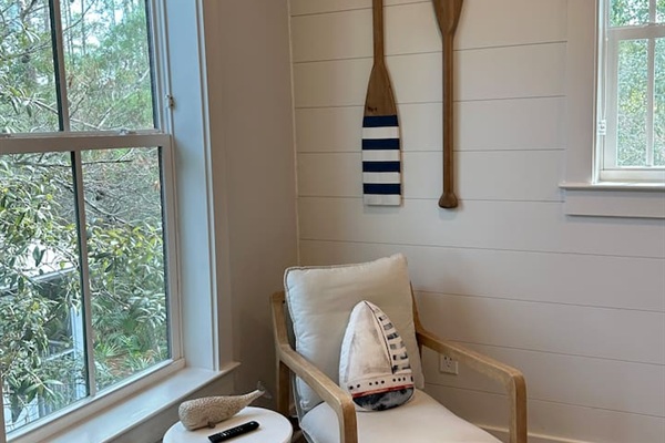 Spacious 2nd level twins over queens bunk room with full ensuite bathroom, tiled shower with tub, and a large vanity.