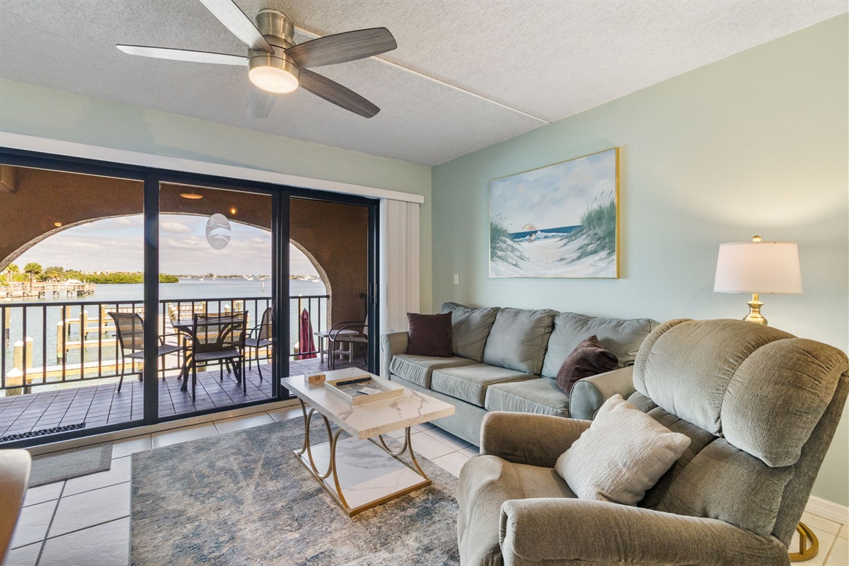 Living area has queen-sized pull-out sofa.
