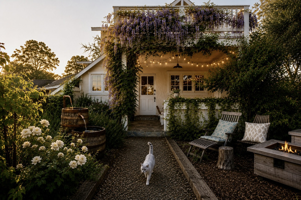 Golden hour, glowing porch lights and Loki making his evening rounds. Settle beside the fire, listen to the barrel fountain and watch the garden soften into dusk. A little everyday magic at Anavo Farm.