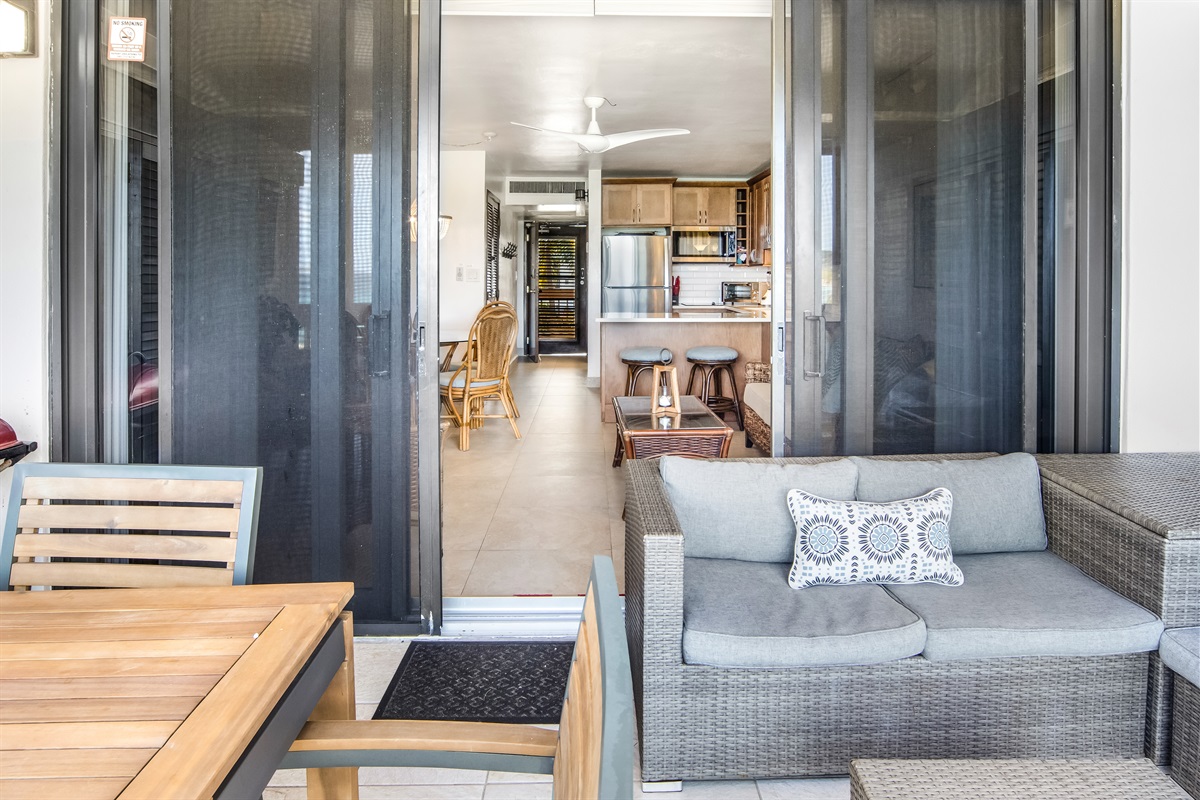 Step outside to your private patio directly from the living room&mdash;indoor/outdoor living at its best.