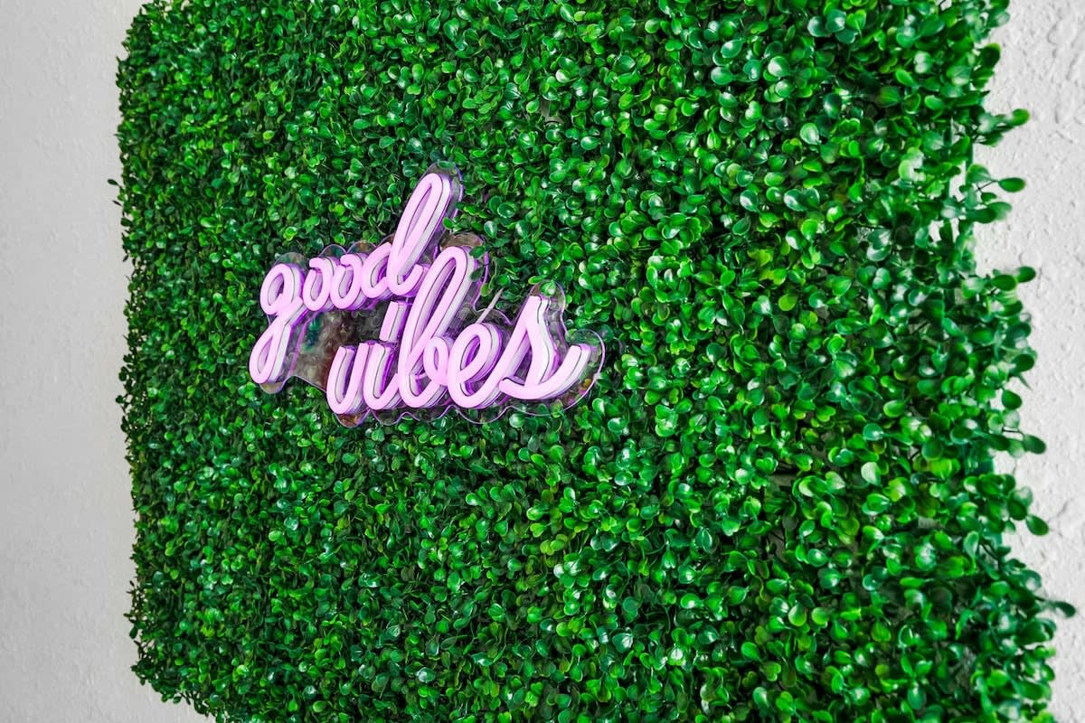 The neon sign on the hedge wall says good vibes, which is about right. Small, silly and genuinely lovely, and it is the backdrop for roughly half the photographs your group will end up taking this week.