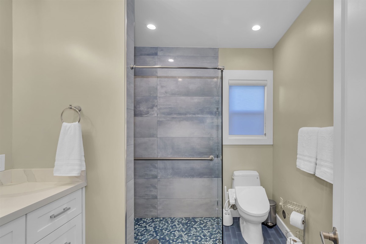 Start the day with a refreshing rinse or wind down with a warm shower in this sparkling modern bathroom