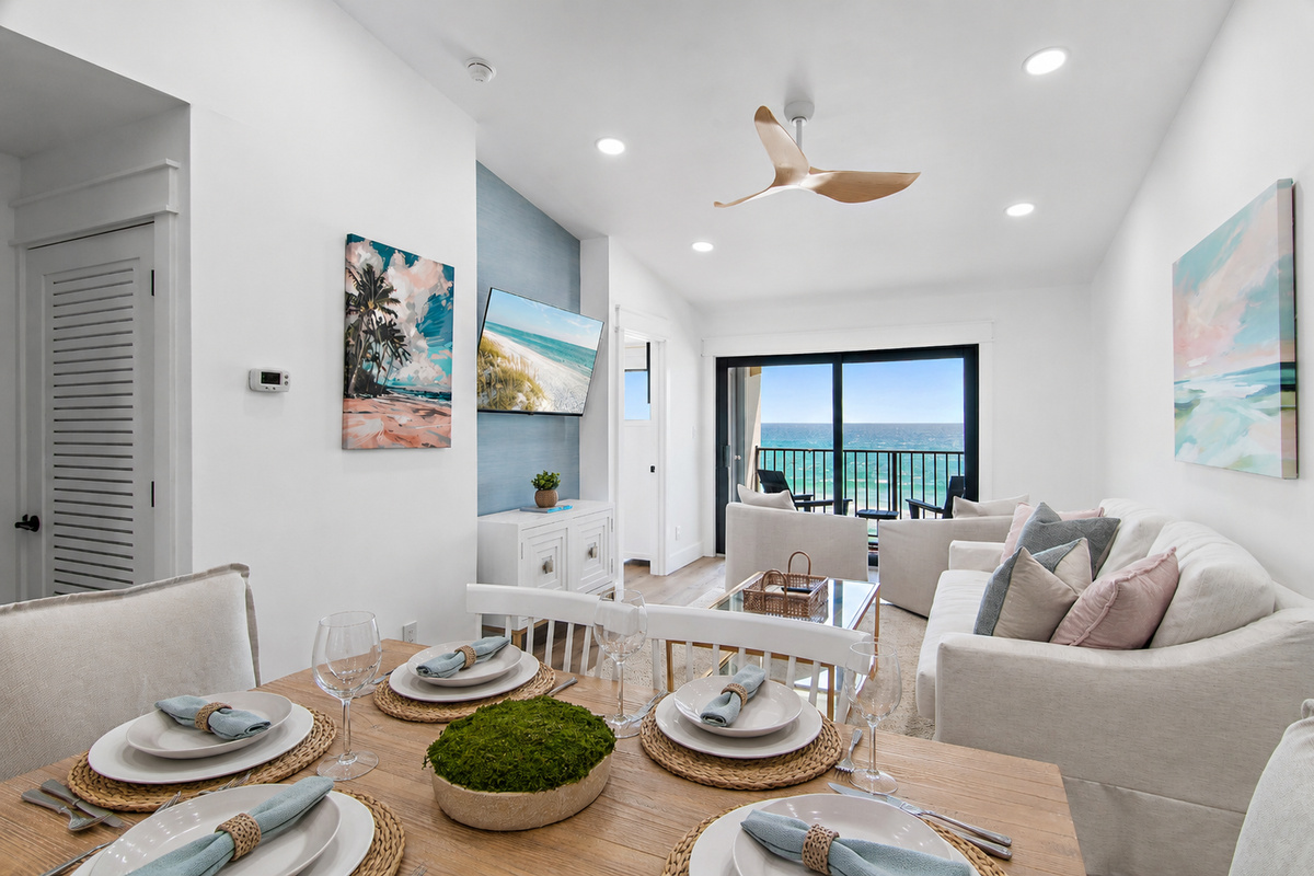 Elegant dining area with seating for six, ideal for shared meals and entertaining.