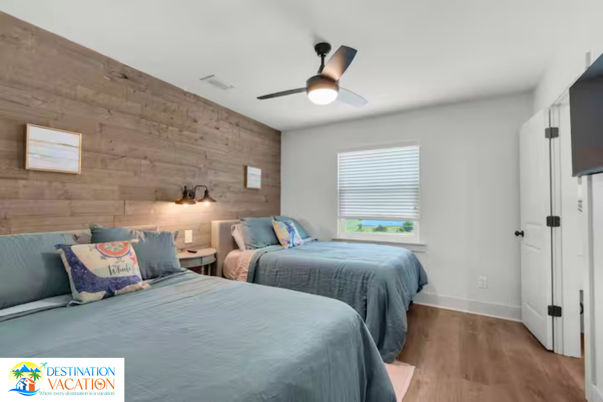 Twin beds offer flexible comfort for family and friends.