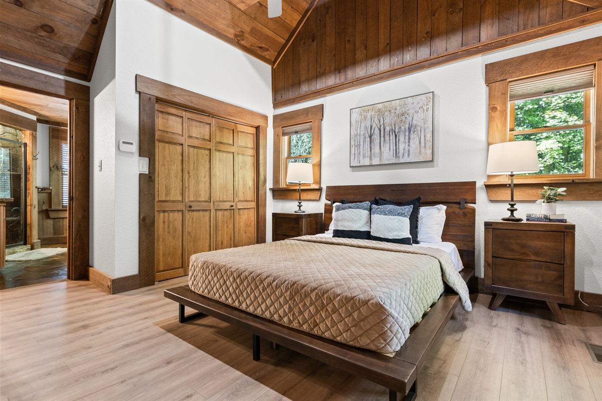 Calming tones and timeless wood.