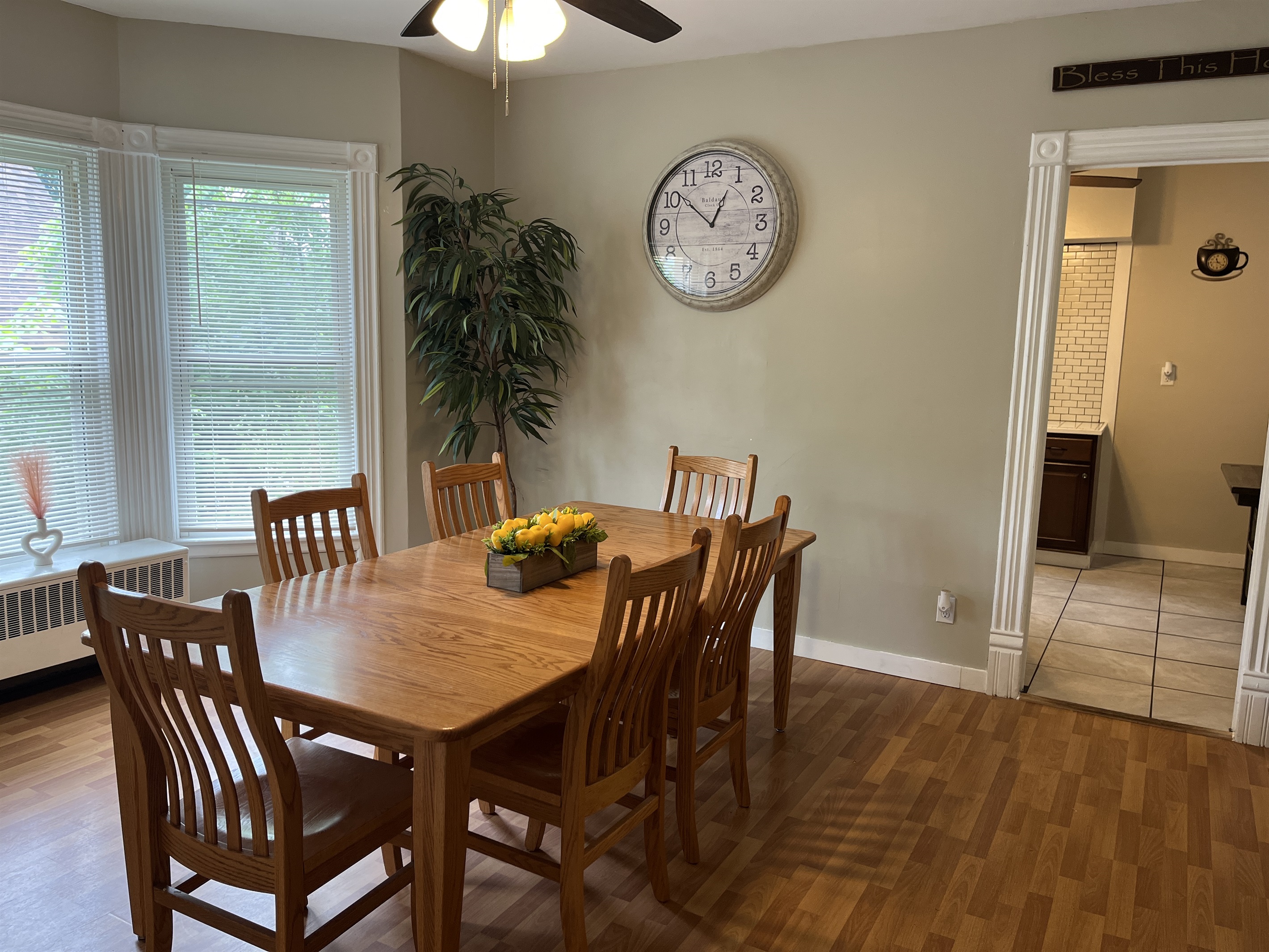 Dining room with kitchen beyond