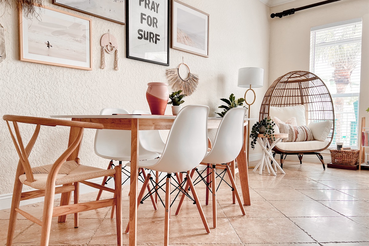 Dining table sits 6 + counter-height bar top in kitchen sits 4