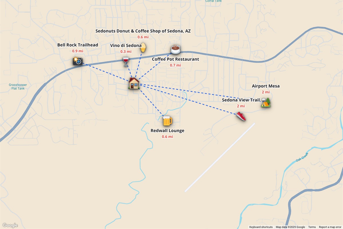 {Location} Walking distance and short drive from restaurants, bars, and renowned Sedona hiking trails. 