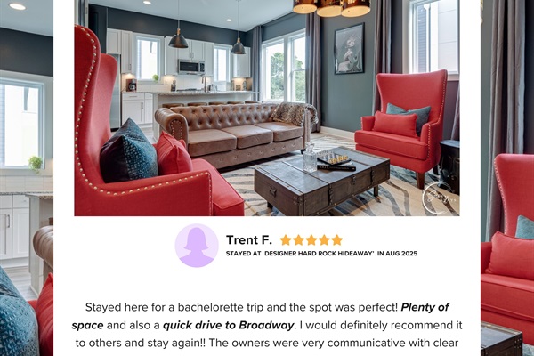 Plenty of space and a quick drive to Broadway.’ Guests say Designer Hard Rock Hideaway is ideal for group trips, offering comfort, easy access to the city, and smooth, stress-free check-in supported by clear, responsive communication.