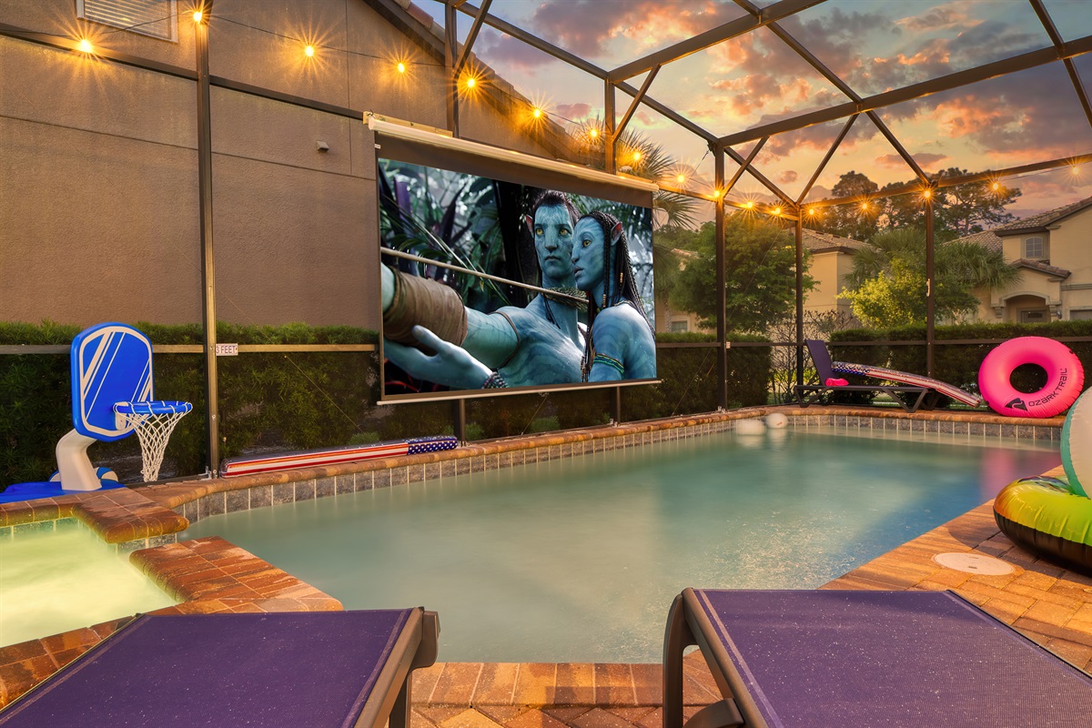 Enjoy a Poolside Movie on our 150 Inch Screen