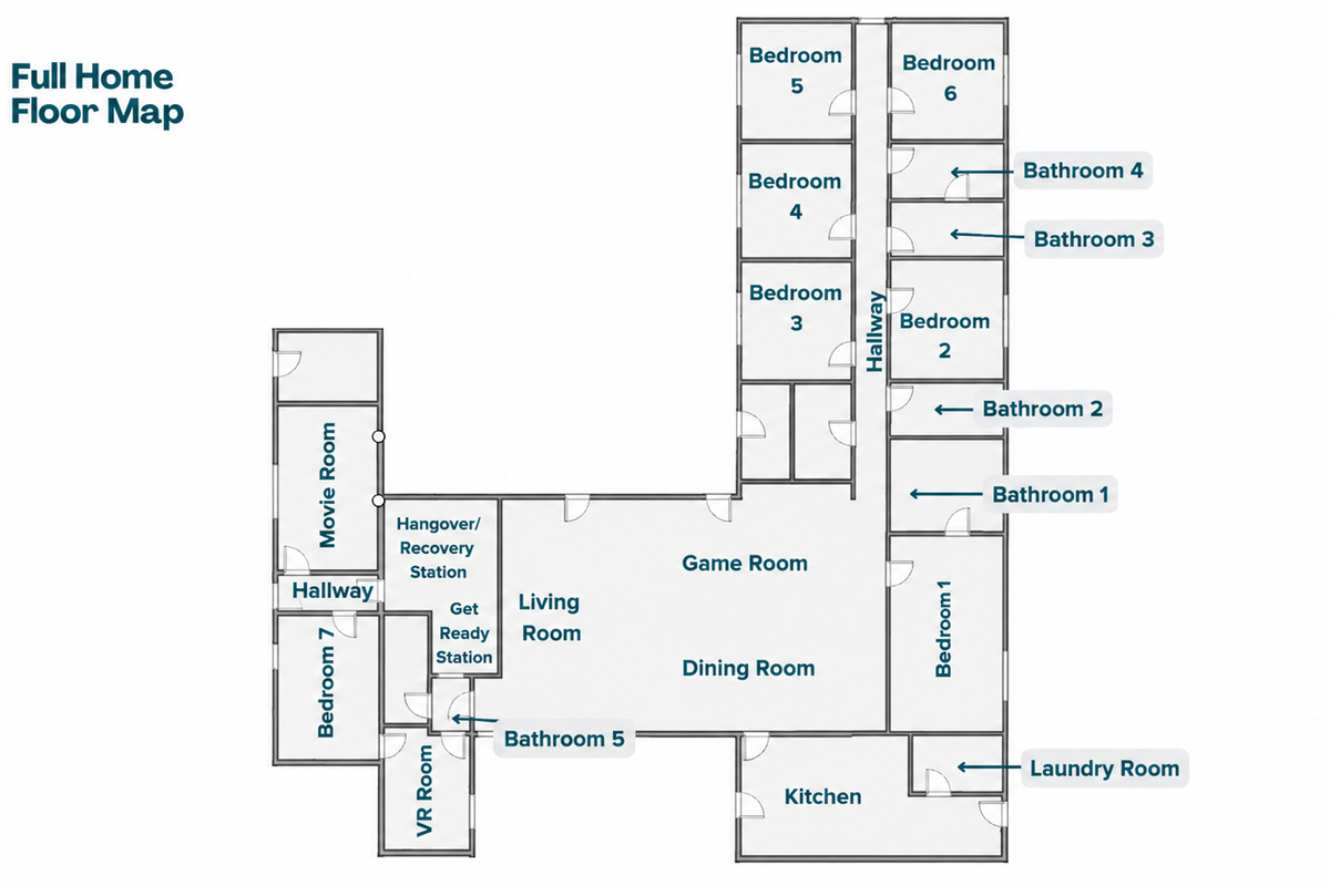 {Full Home Floor Map} Explore 5,000 sq. ft. of single-level living with 7 bedrooms, 5 bathrooms, multiple entertainment spaces, and plenty of room for your entire group to spread out.