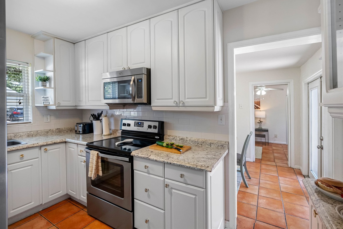 A dedicated coffee station includes a classic drip coffee maker—perfect for fueling your mornings. Whether you prefer a bold brew or a gentle cup to sip on the patio, everything you need is at your fingertips.