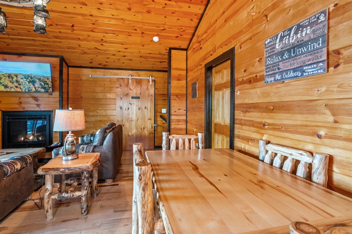 All of the furniture is real wood and authentic. Even the walls and trim are real wood. This is a true modern rustic cabin. 