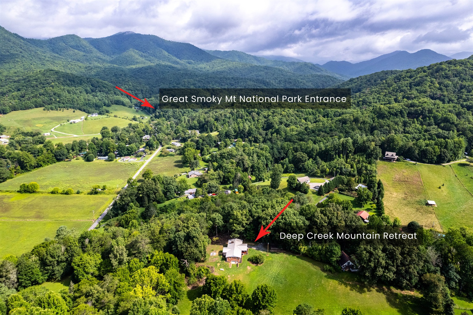 Aerial photo showing the close proximity to Great Smoky Mountains National Park - Deep Creek Entrance.