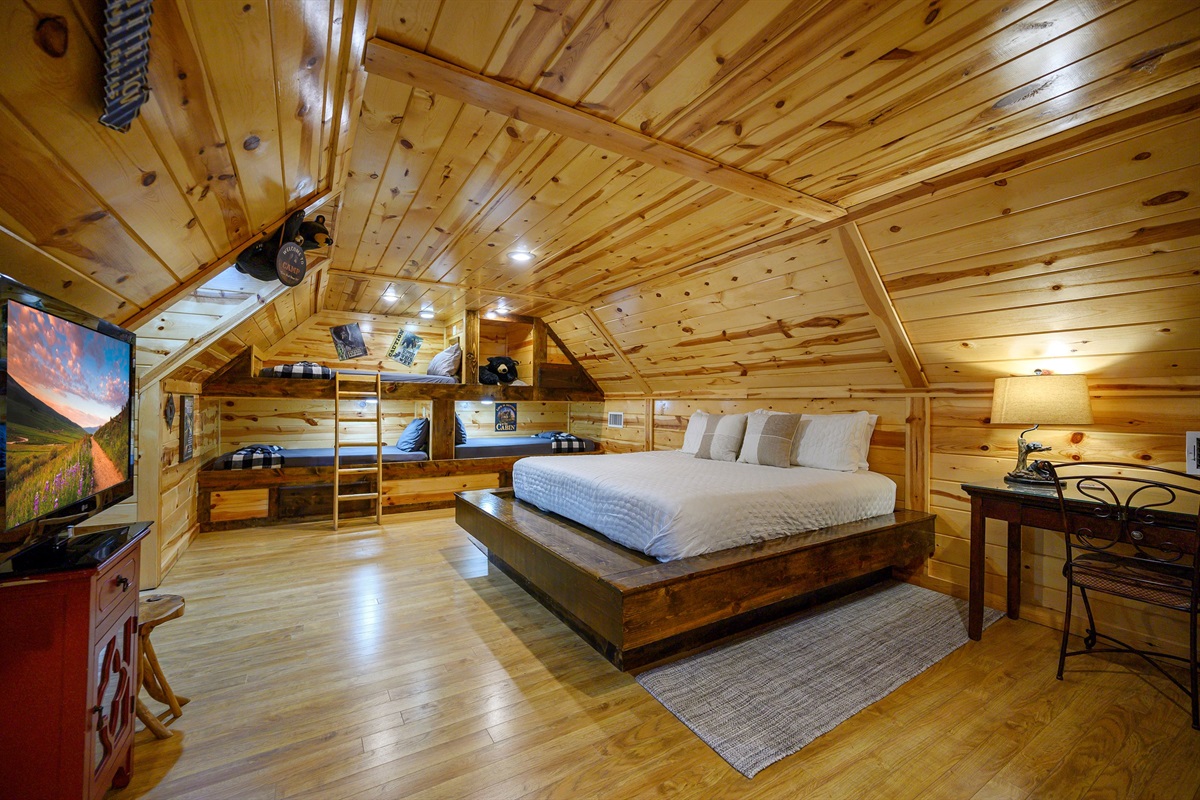 Bedroom 5: King bed and 3 twin bunks. Roku TV.