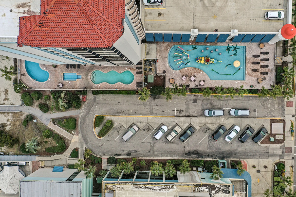 aerial view of Compass Cove hotel