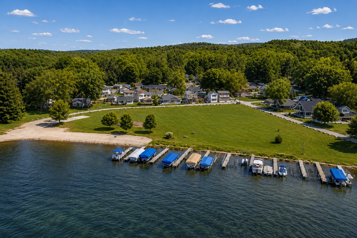 Picturesque lakefront area with docks and a serene park, perfect for boating and outdoor activities. ️