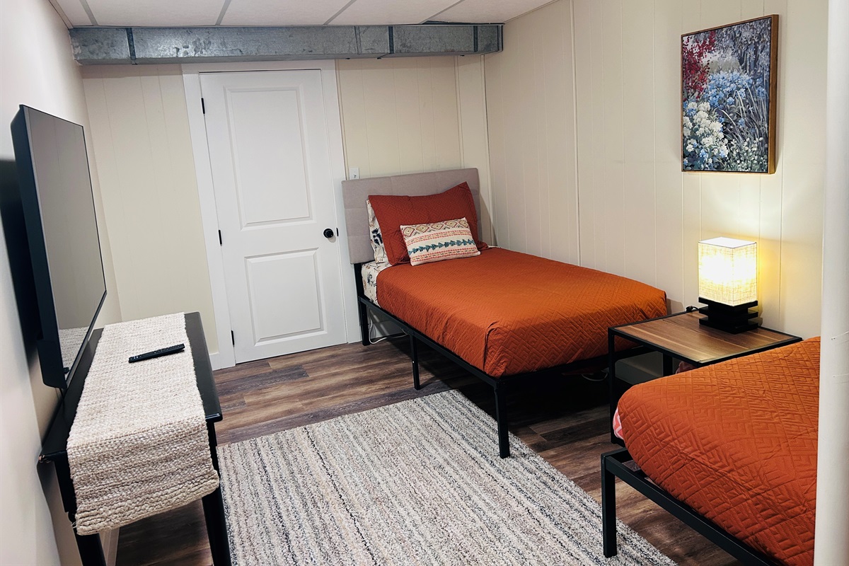 Two twin beds in basement bedroom with Smart TV