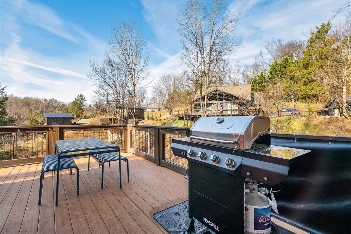 Gas grill off the kitchen. We're unable to monitor or replace the propane tank, but if you need to exchange it, we will reimburse you. The closest gas station is just 1.4 miles away (about a 4-minute drive) and offers tank exchanges.