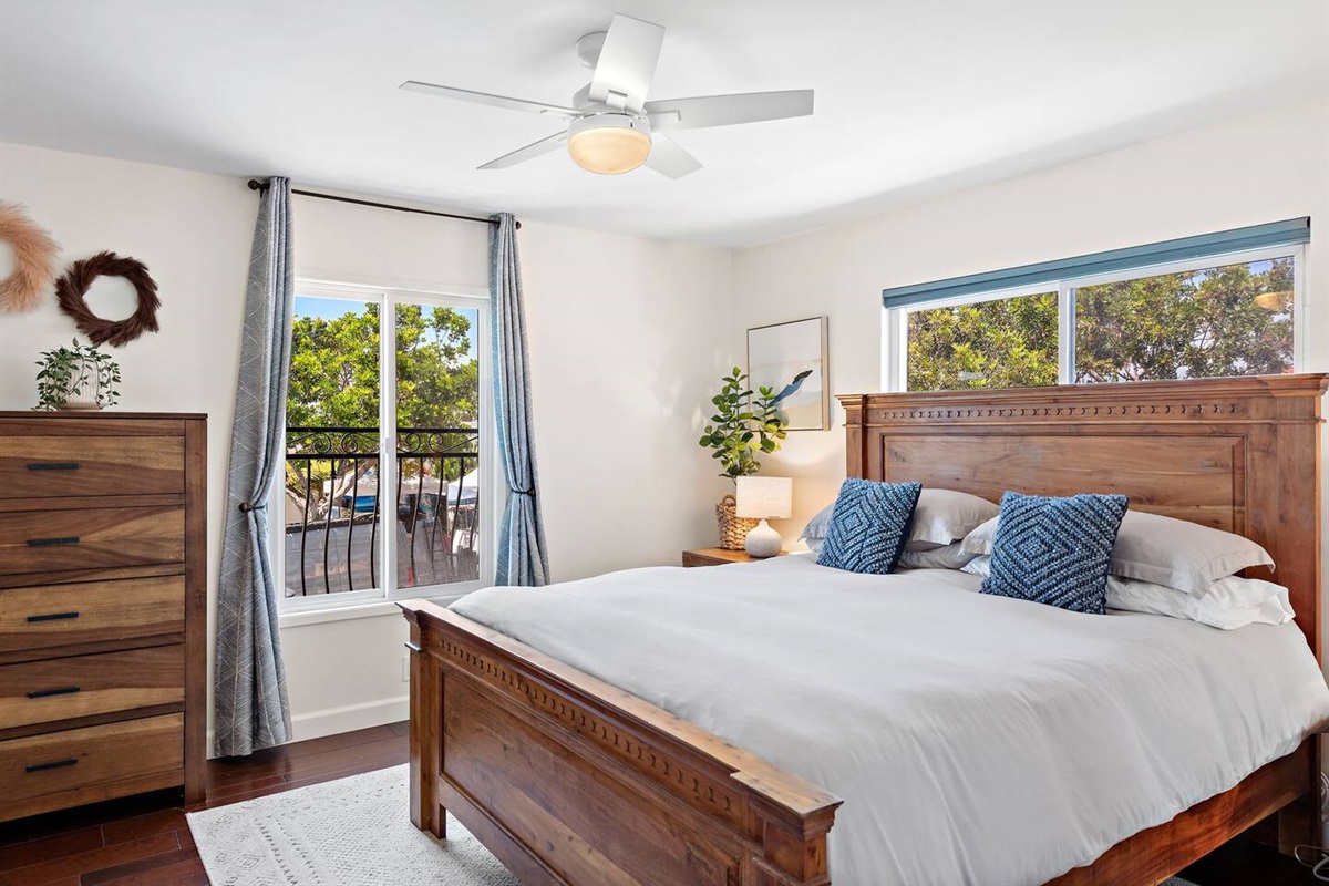 Sleep soundly on our new premium California king mattress and fine linens.  The shades are full blackout so sleep in as late as you'd like in full darkness.  