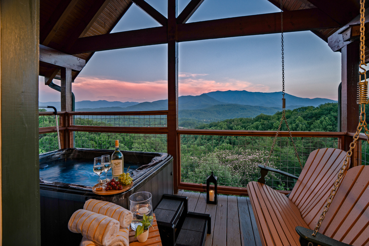 Picturesque panoramic views of the Smokies in your backyard with private hot tub.