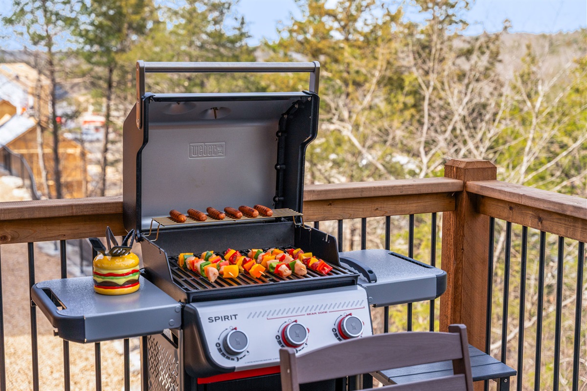 The Weber Spirit grill is perfect for outdoor cooking and looking at the Ozark mountains.