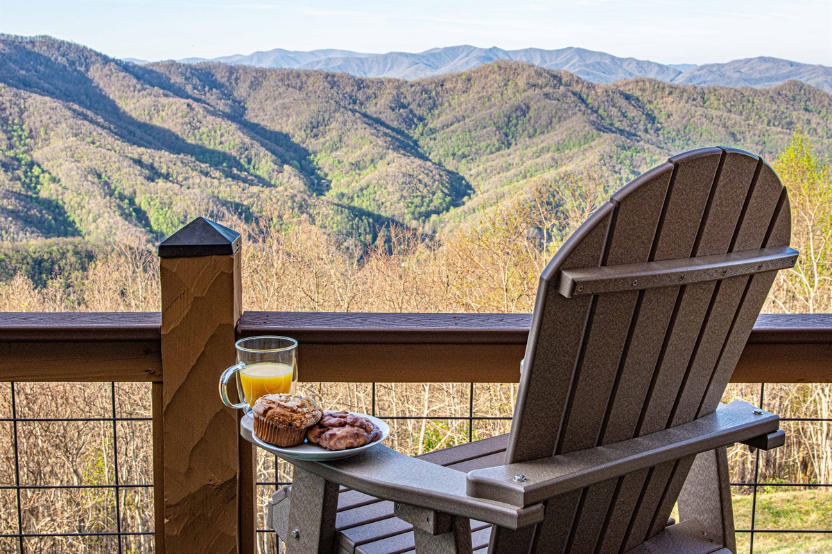 Deck: Sip juice and indulge in baked treats while soaking in stunning mountain views!