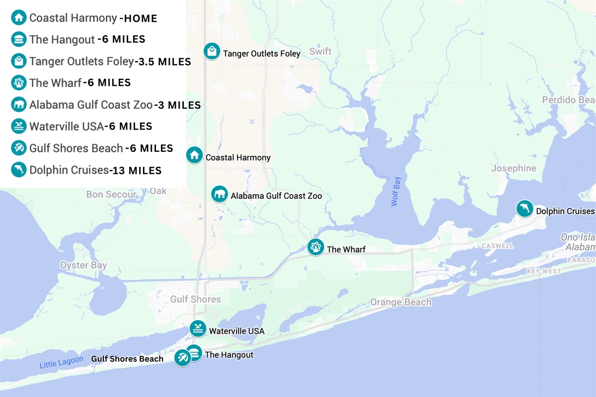 Conveniently located near top Gulf Shores attractions—just minutes to beaches, dining, shopping, The Wharf, Alabama Gulf Coast Zoo, Tanger Outlets, and more.