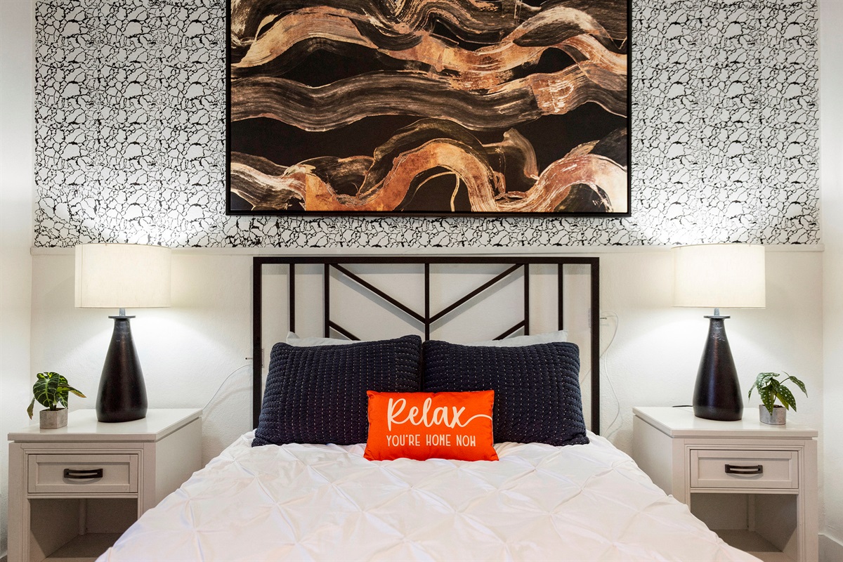 Cozy and stylish bedroom designed for comfort, relaxation, and restful sleep. Featuring a plush bed with soft, hotel-quality linens, fluffy pillows, and a comfortable mattress,