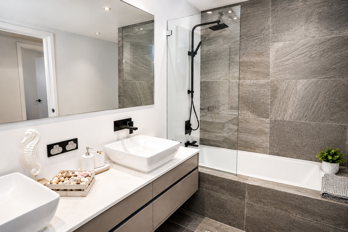 Third bathroom with shower and toilet, adding convenience across the five-bedroom layout at Sant’s Beach Retreat.